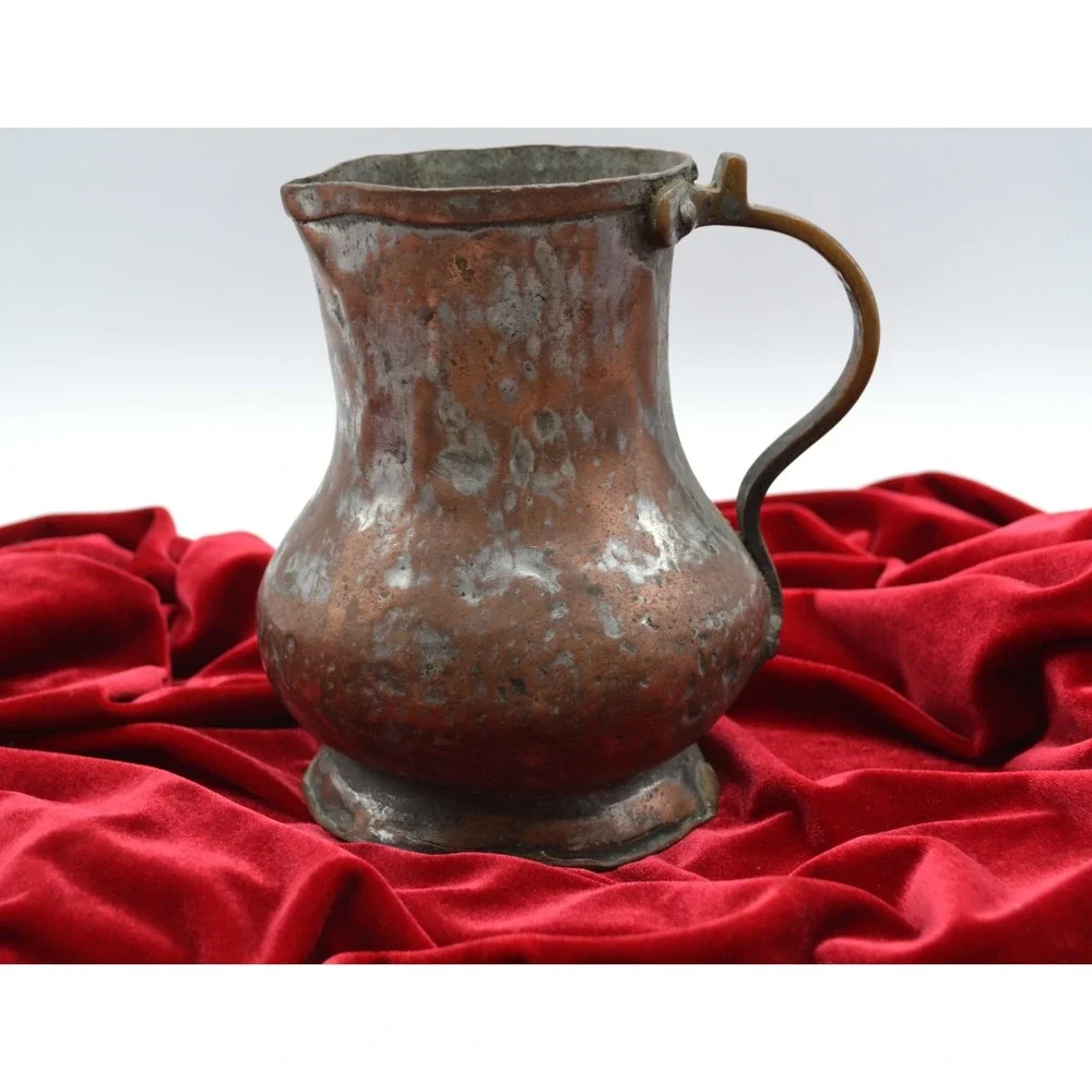 Antique Hammered Copper Pitcher Primitive Hand Forged Metal Jug Rustic Patina